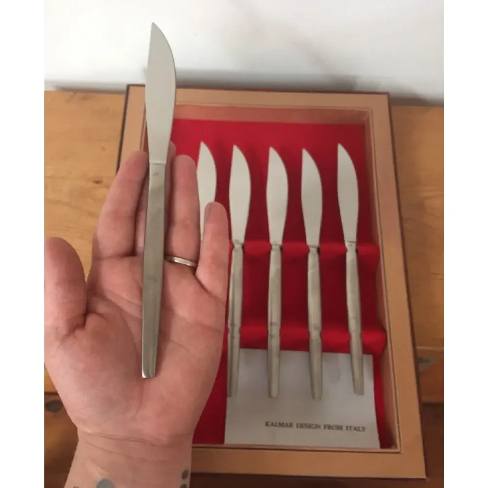 Set 6 Vintage Mid Century Kalmar Italy Stainless Steel Dinner Knives Set w Box